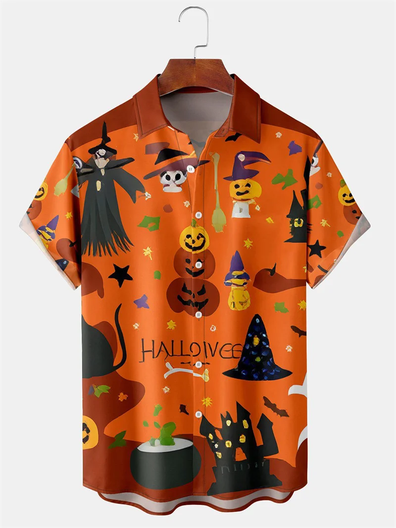 Men\'s Fashion Halloween Shirt Summer Cute Style Men\'s Clothing Party Holiday Men Top Pumpkin Head Print Boys\' Short Sleeve Shirt