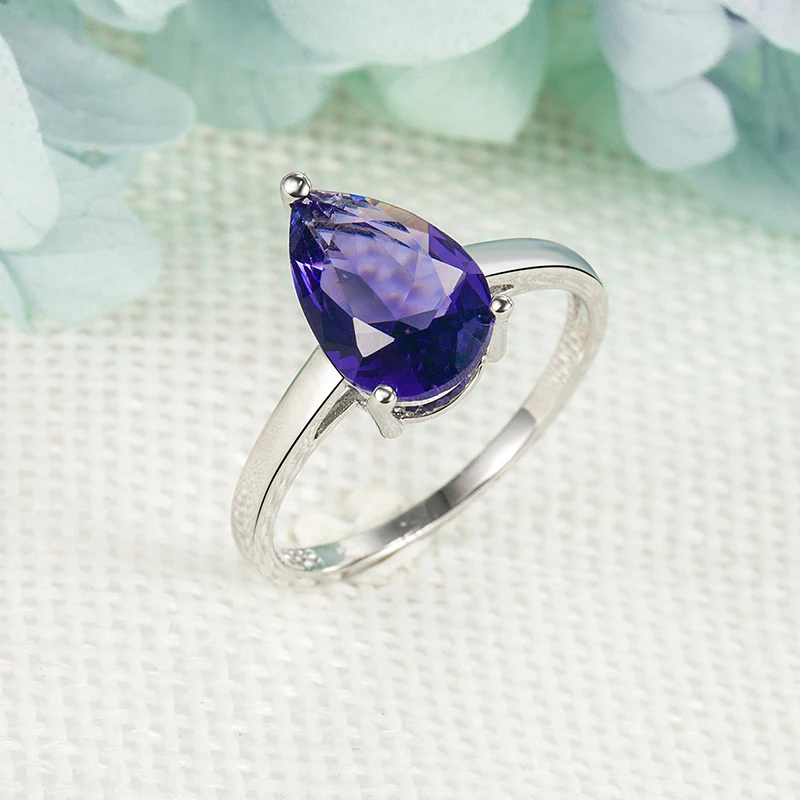 Trendy Ring 925 Silver Jewelry for Women Water Drop Shape Amethyst Gemstone Finger Rings Wedding Engagement Ornaments Wholesale