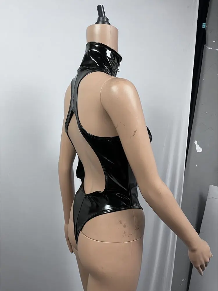 S-5XL Turtleneck Shaped Bust Wet Look PVC Catsuit Shiny PU Leather Bodysuit High Cut Cospaly Sukumizu Tights Sexy Body Teddies