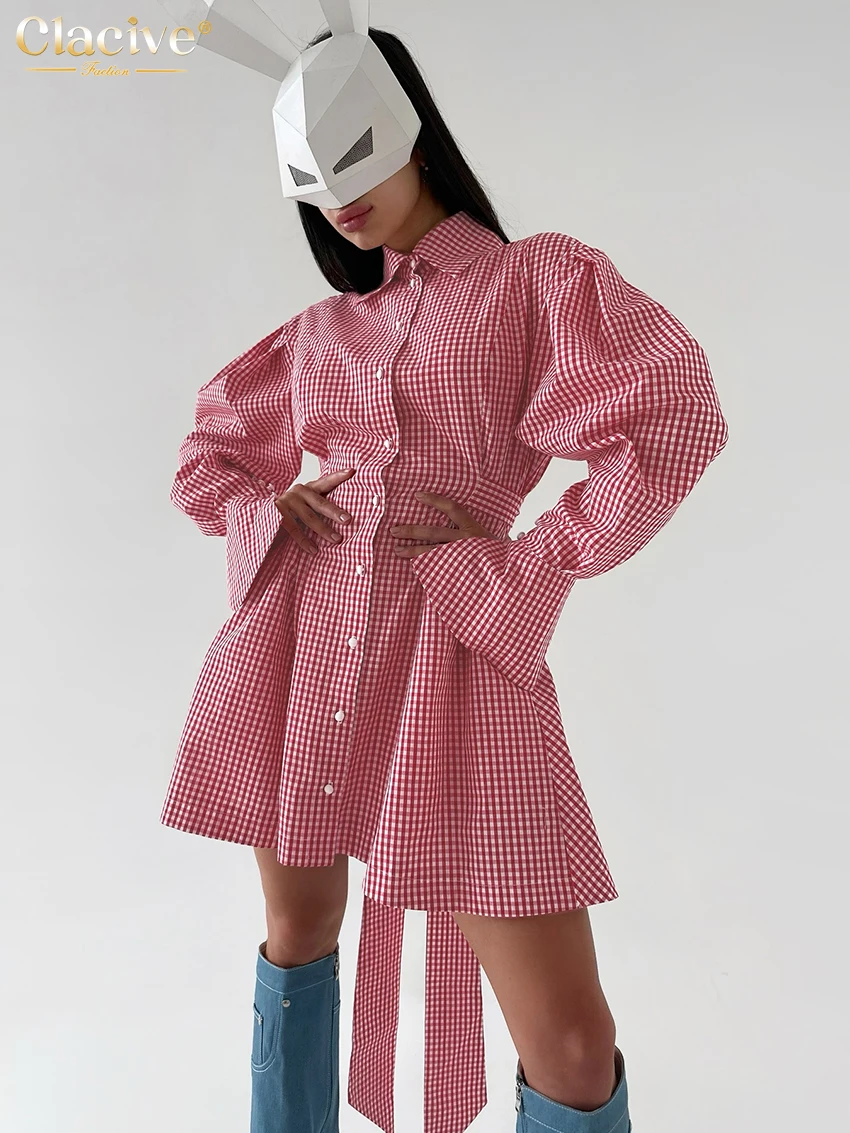 

Clacive Fashion Loose Red Plaid Women's Dress 2025 Casual Lapel Long Sleeve Mini Dresses Elegant Classic Lace-Up Female Dress