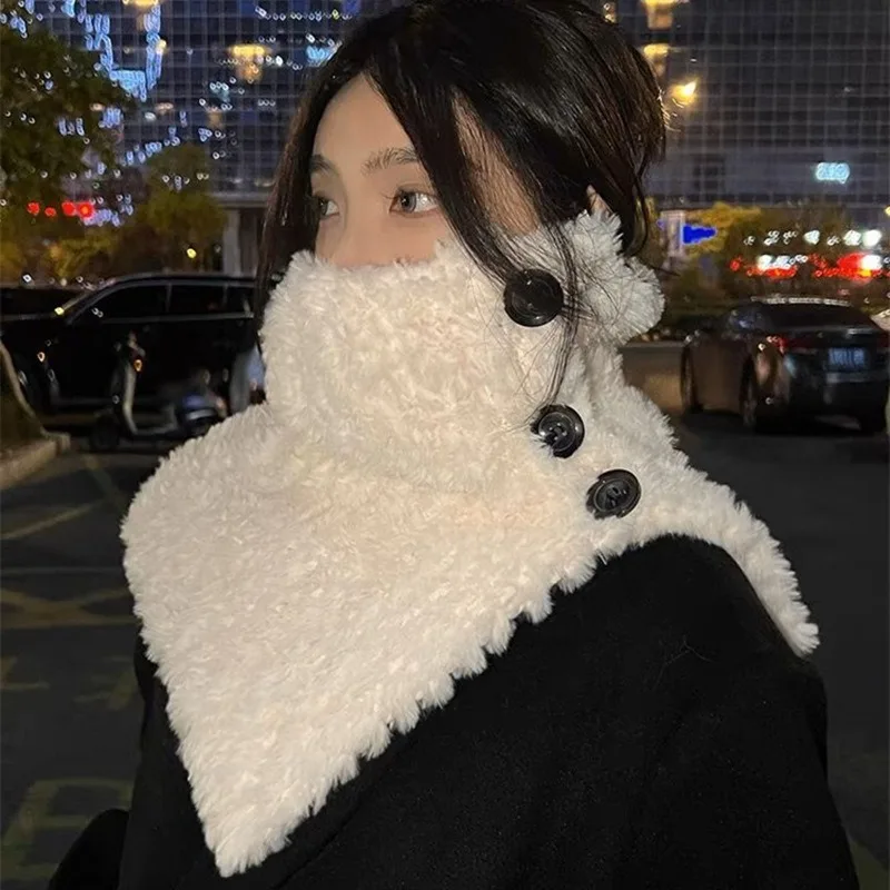 Fashion Thick Neck Warmer Button Scarf Fake Collar Pullover Shawl Korean Winter Fashion Knitted Plush Women Sweet Neckerchief