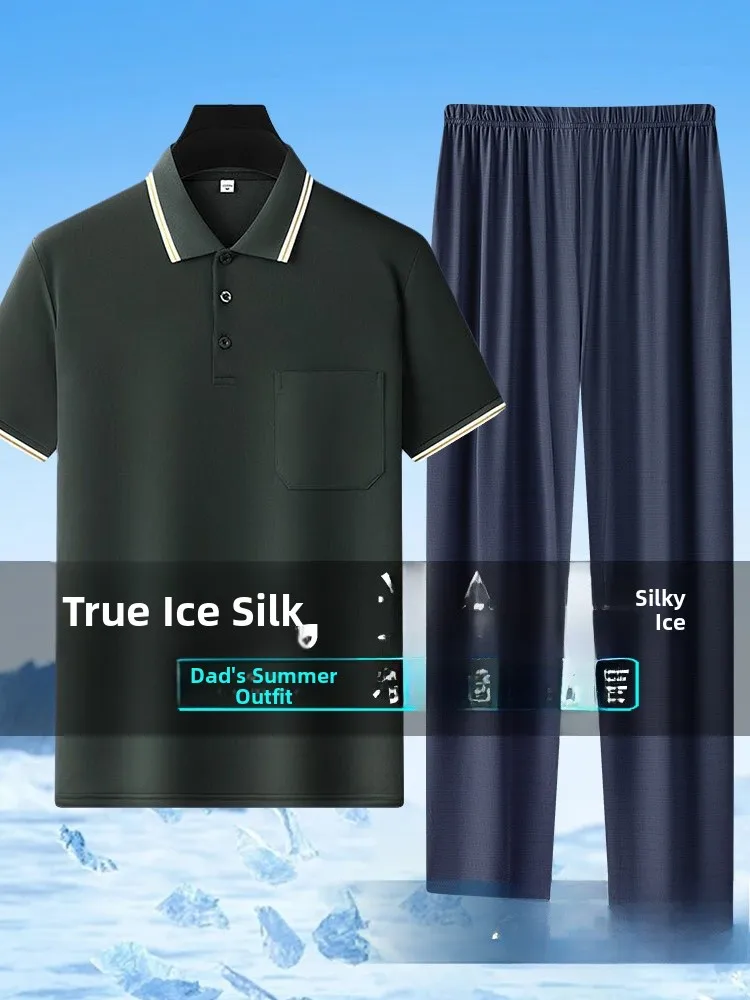 

enben Midlife Men's Summer Qui Dry ort Sve Ice Silk Outdoor Sports Fitn Dad Casual Breathable Set T-irt Long Pants