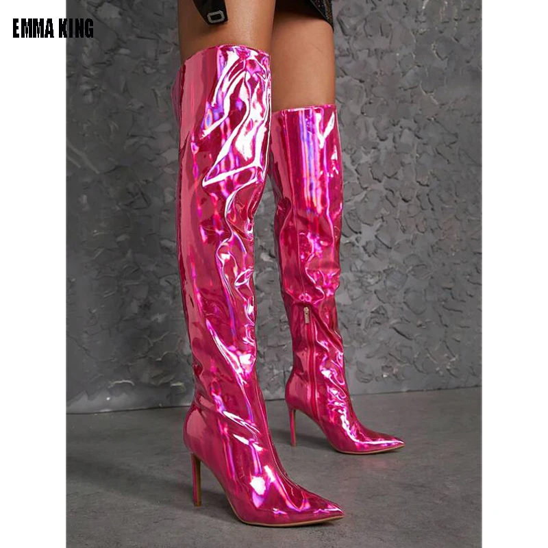 Patent Leather Blue Pink Laser Mirror Pointed Toe Zipper Side Thin Heels Over The Knee Boots Women Sexy Night Club Shoes 44