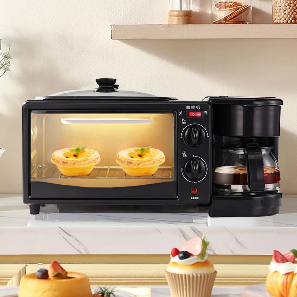 Image of 3-in-1 Frühstücksstation Multifunktions-Frühstücksmaschine mit 600 ml Kaffeemaschine + 9 L Ofen + Antihaft-Bratpfanne, Brot-Pizza-Ofen Bratpfanne Toaster