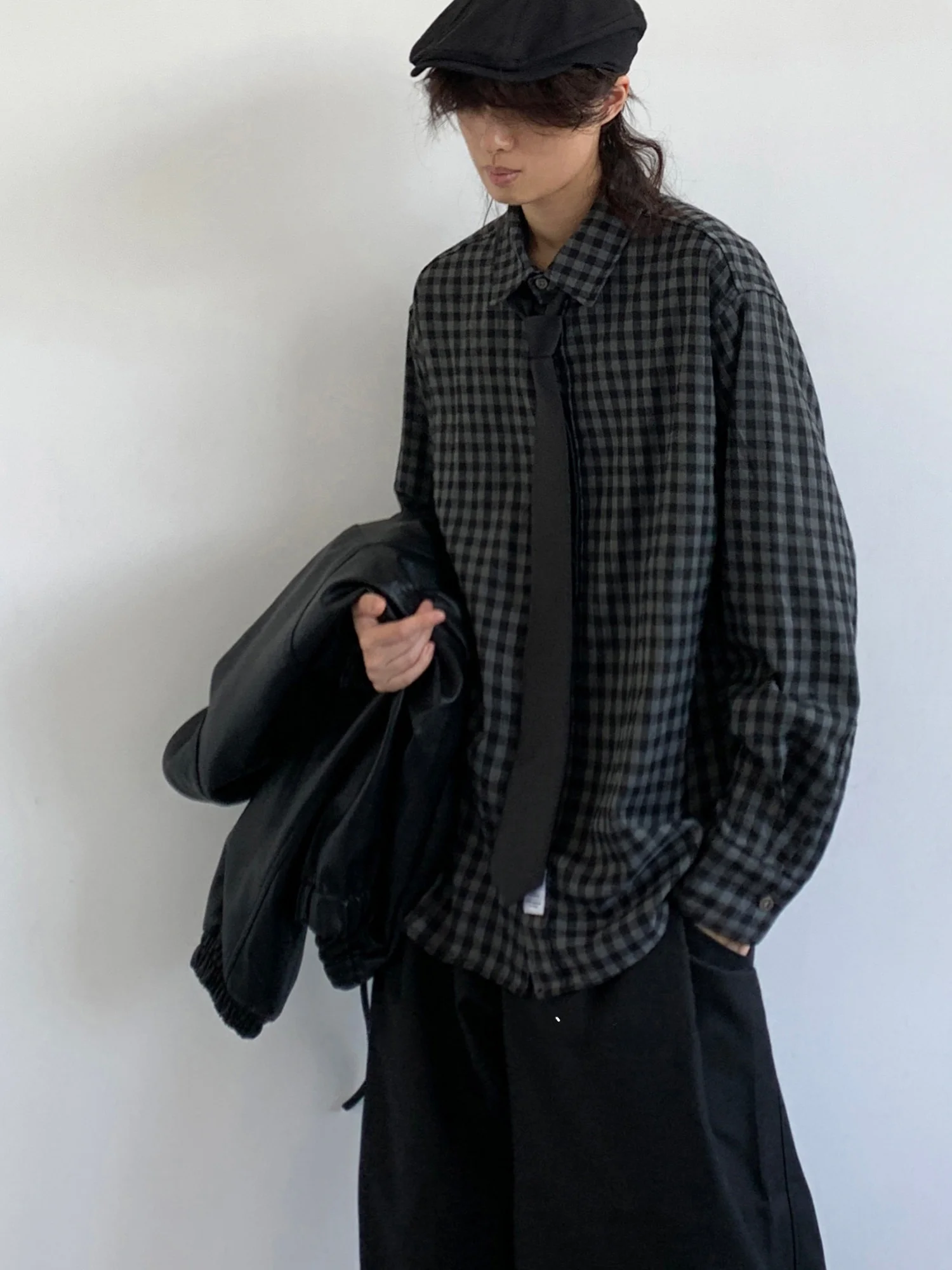 

Retro Japanese Plaid Long Sve Casual irt ex Spring Autumn Loose Fit College Sle Neutral Cheered Coat for Men And...