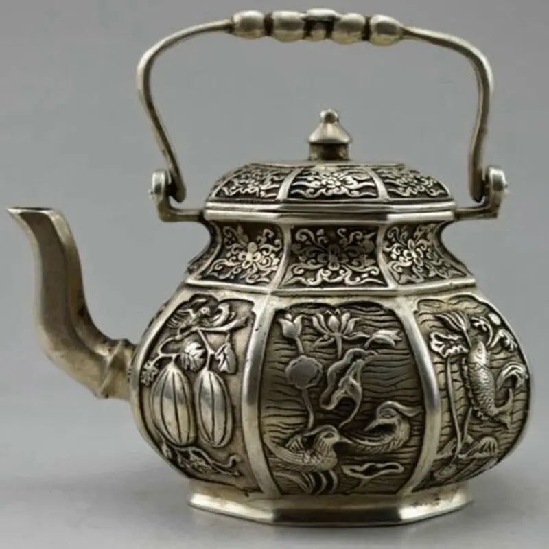 

Collectible Decorated Old Tibet Silver hand-Carved Flower Bird Fish Fruit TeaPot