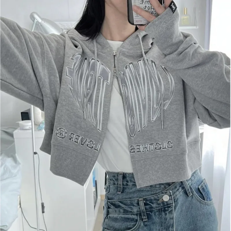 

Yk2 Harajuku Zipper Short Hoodie 90s Vintage Gothic Cardigan Sweatshirts Korean Stylish Hip Hop Emo Hooded Jacket Outerwears Y2k