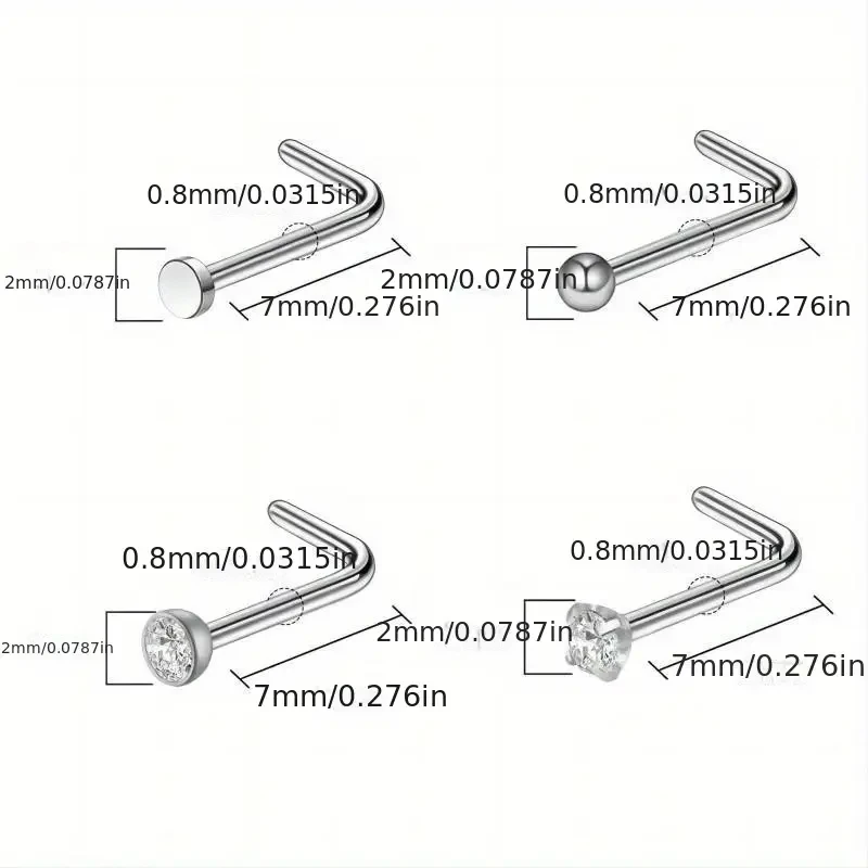 16pcs 20G الفولاذ المقاوم للصدأ L-شكل حلقات الأنف مع زيركونيا جولة الكرة والقرص تصميم النساء أنيقة الأنف دبابات ثقب المجوهرات #6