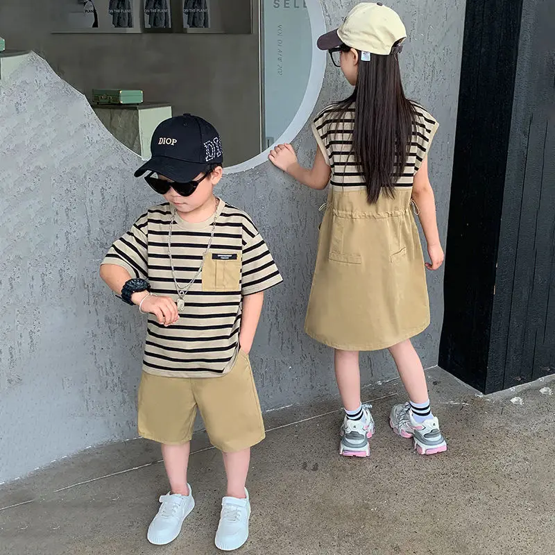 Matching Brother and Sister Clothes Fashion Korean Style Baby Girls One Piece Dress Child Boys T Shirts + Shorts Two Piece Sets