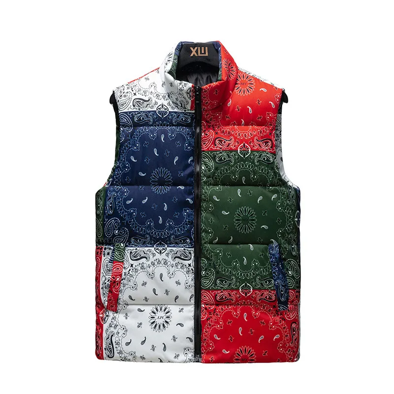 Fashion Print Men\'s Thick Warm Vest Patchwork Cotton-Padded Vests Coats Male Sleeveless Vest Jackets Warm Waistcoats Clothing