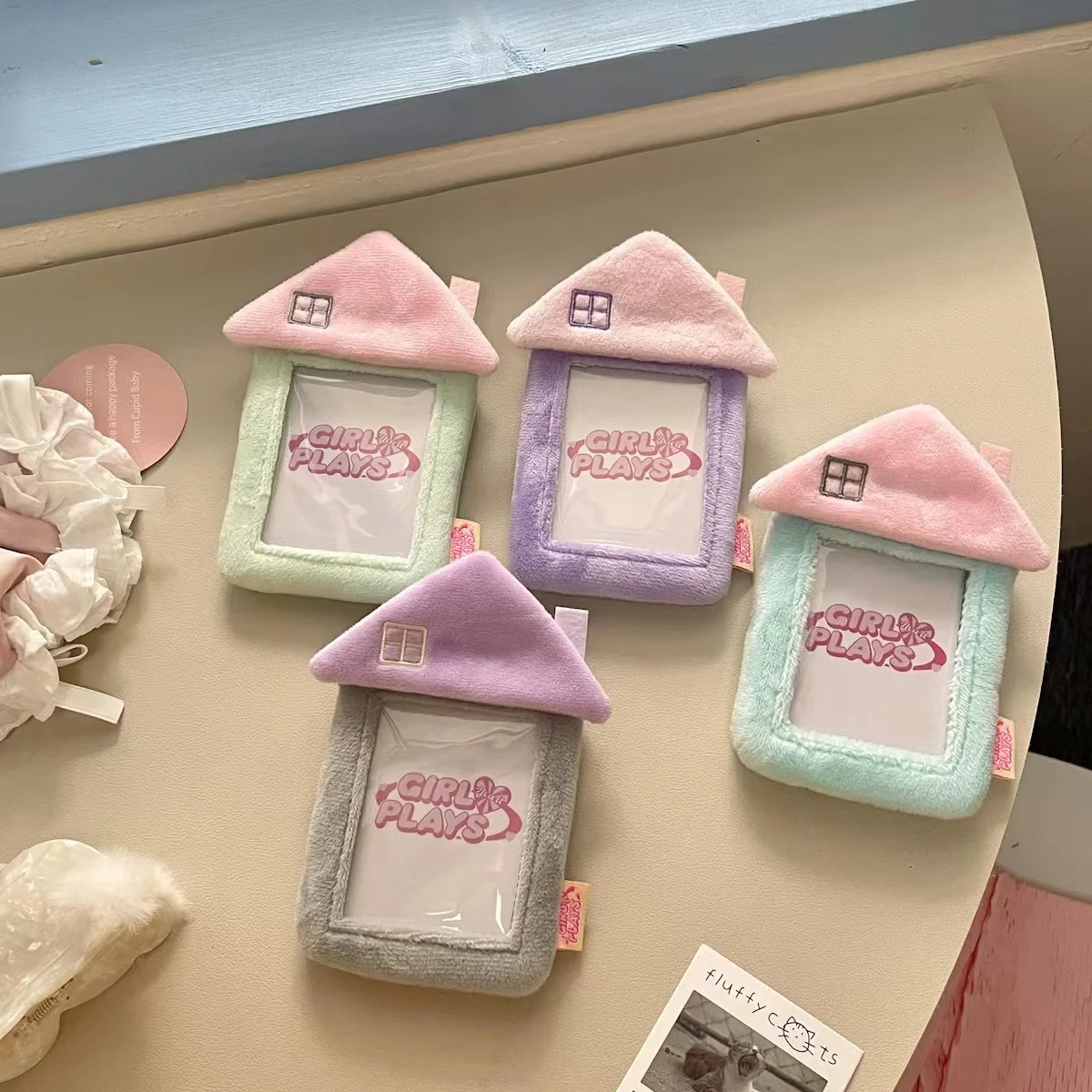 Kawaii Original House Shape Plush 3 inch Kpop Photocard Holder Idol Photo Card Soft Holder Bag Storage pendant School Stationery