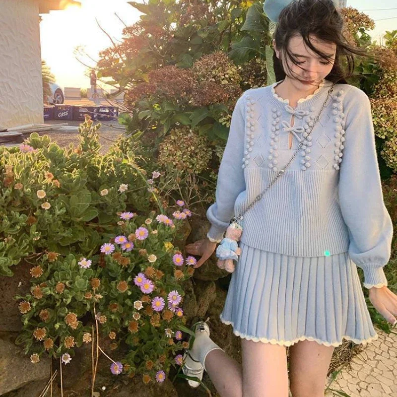 Y2k Elegant Knitted Skirt Suits Kawaii Women Long-sleeved O-neck Pullover Sweater Tops with Mini High Waist Pleated Lace Skirts