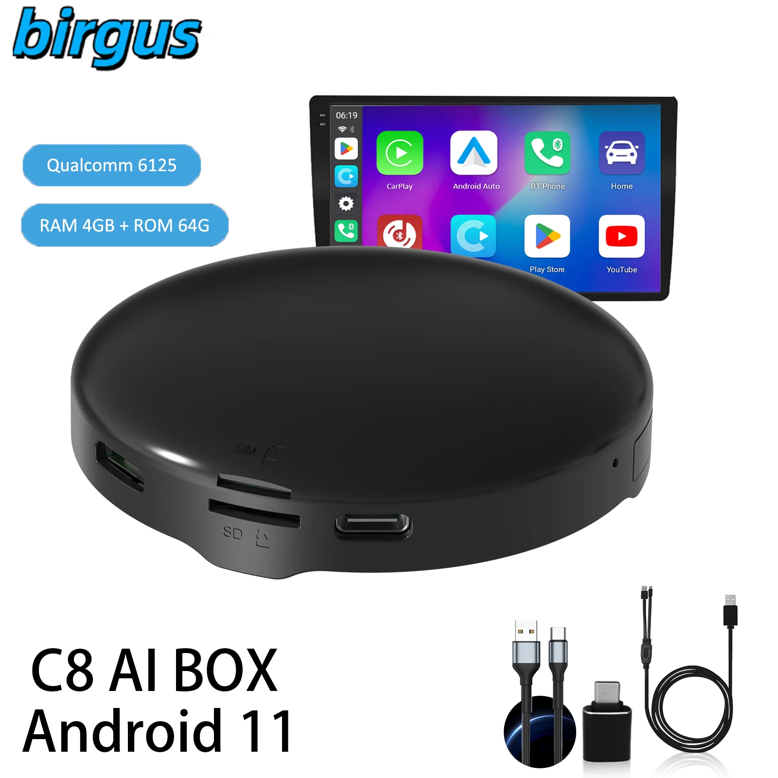 

Birgus C8 Wireless Carplay Adapter 3-in-1 Apple Carplay Android AUTO Supports TF Card 128Gmax AI BOX Bluetooth 5.0 Dual WiFi