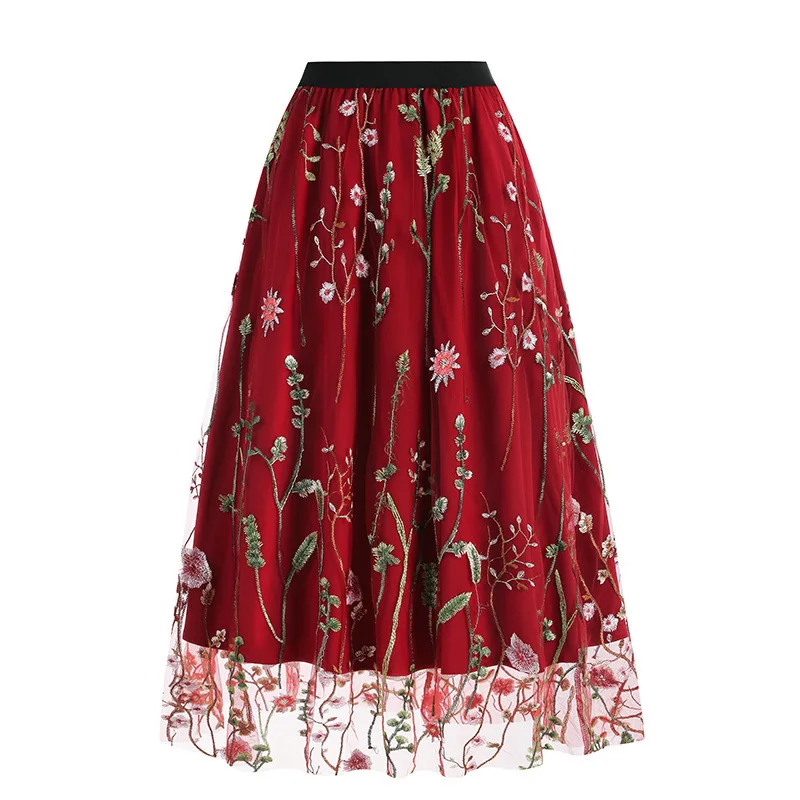 Vintage Mesh Embroidered Skirt Women Retro Tulle Half Skirt S-XXL