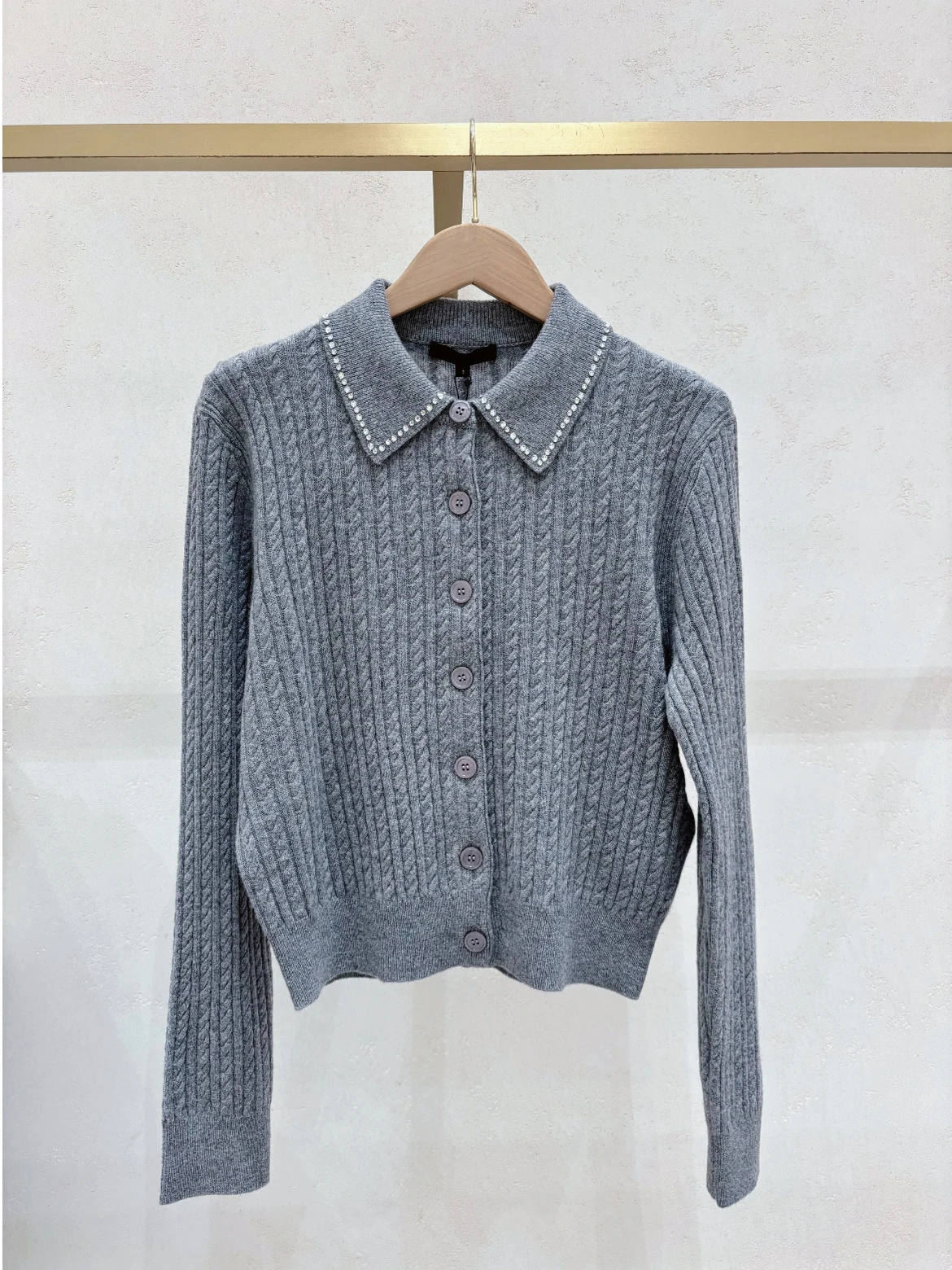 

ay Knitted Sweater with Rhinestone Collar Autumn Winter Faionable French Sle Medium Softn Cotton Long Sve Cardigan