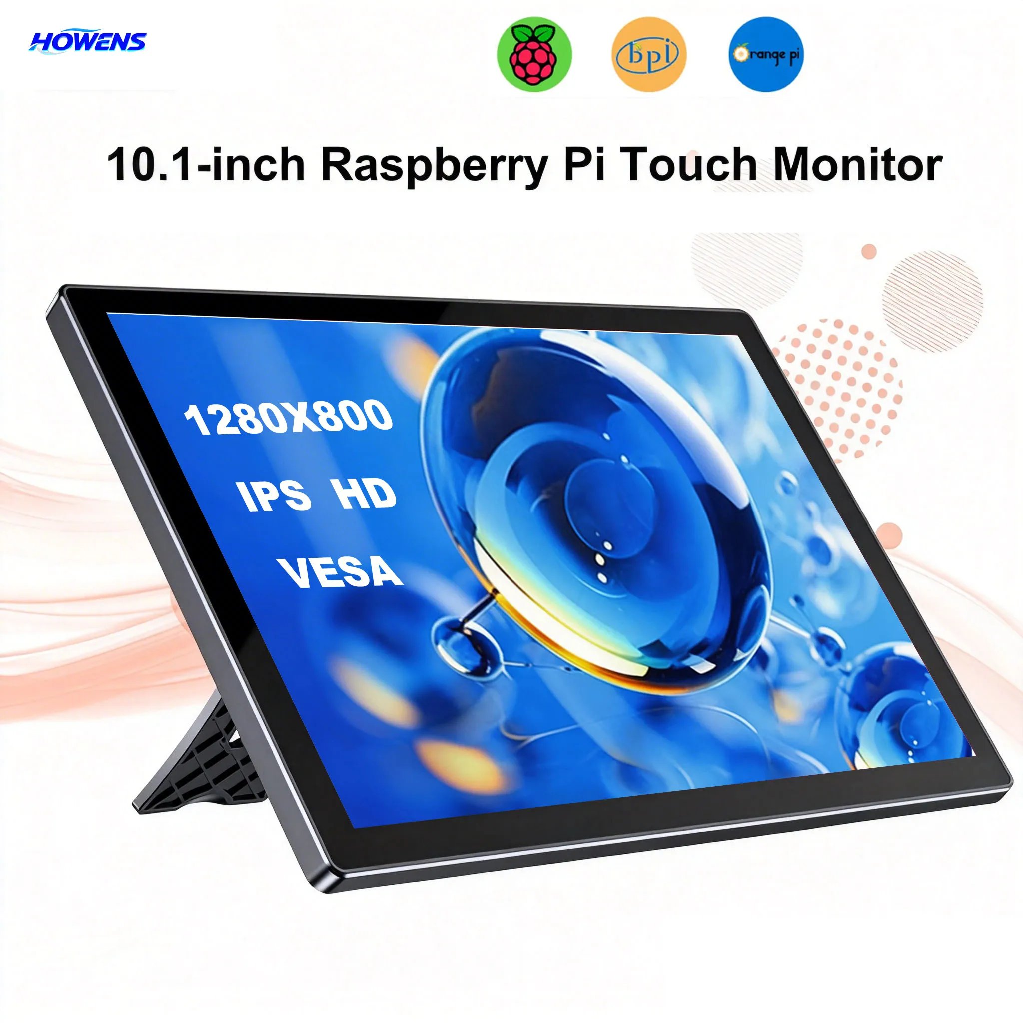 HOWENS 10.1 inch Raspberry Pi 5 4 Monitor LCD Dispaly 1280x800 16:10 Touch Screen HDMI USB for DIY Pi 4 3 Built in Fans Speaker