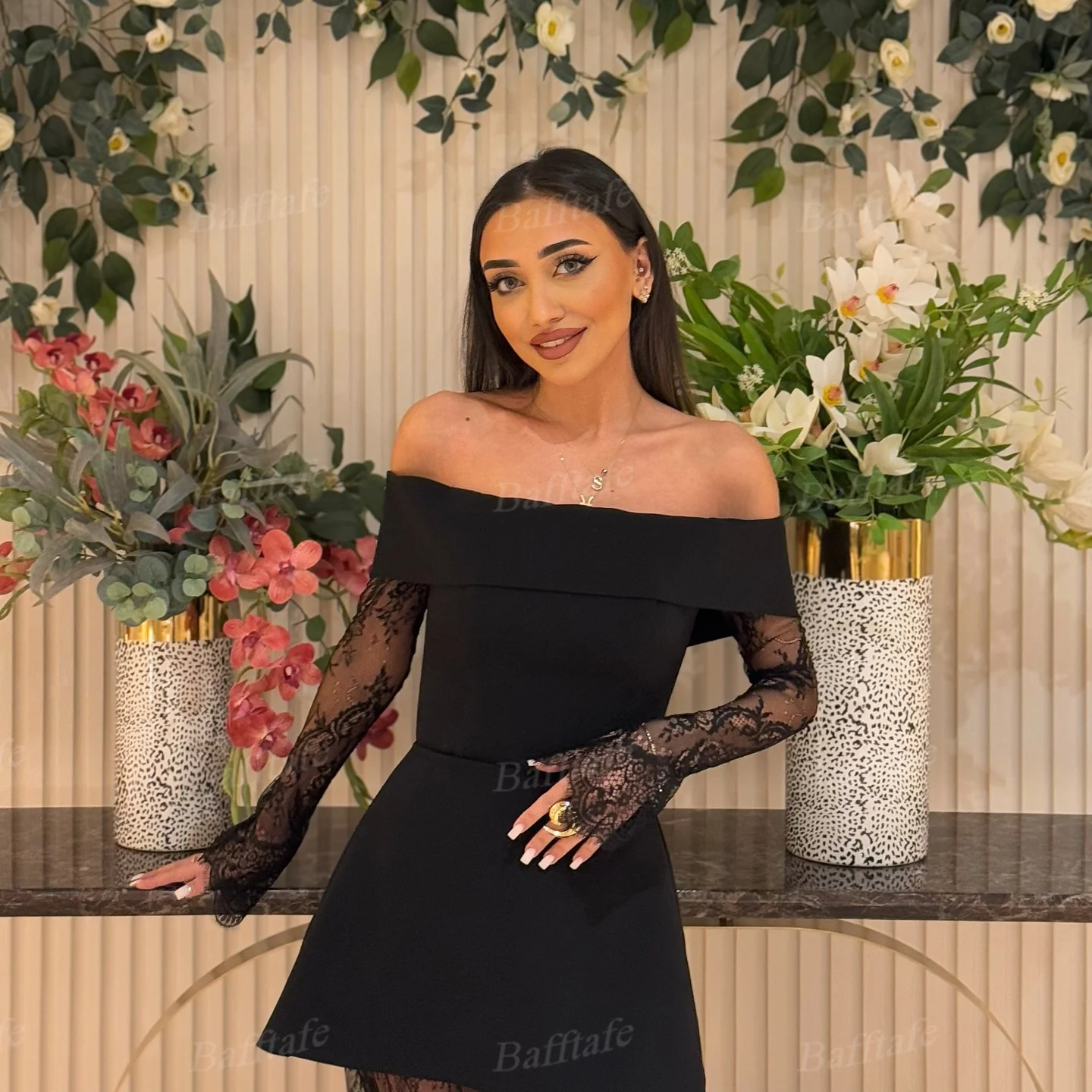 Bafftafe أسود كريب دانتيل كم طويل فساتين لحضور الحفلات الموسيقية مخصصة للنساء فساتين سهرة رسمية لحفلات الزفاف والخطوبة 2025 #5