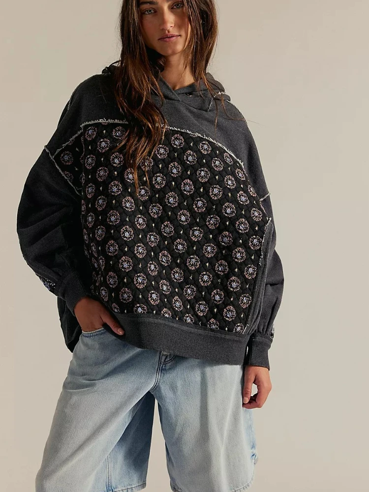 خريف شتاء 2025 جديد المرأة هوديس التطريز المرقعة البلوز البلوز ملابس الشارع الشهير كم طويل طباعة المتضخم القمم #4