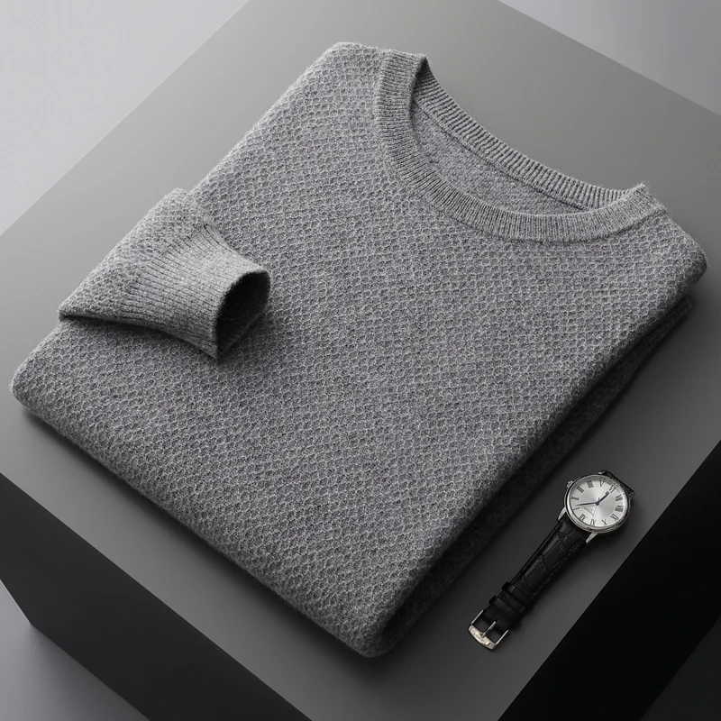 Men\'s Pure Wool Sweater Pullover Round Neck Long Sleeve Loose Husiness Casual Knitted Sweater Color Matching Autumn Winter Style