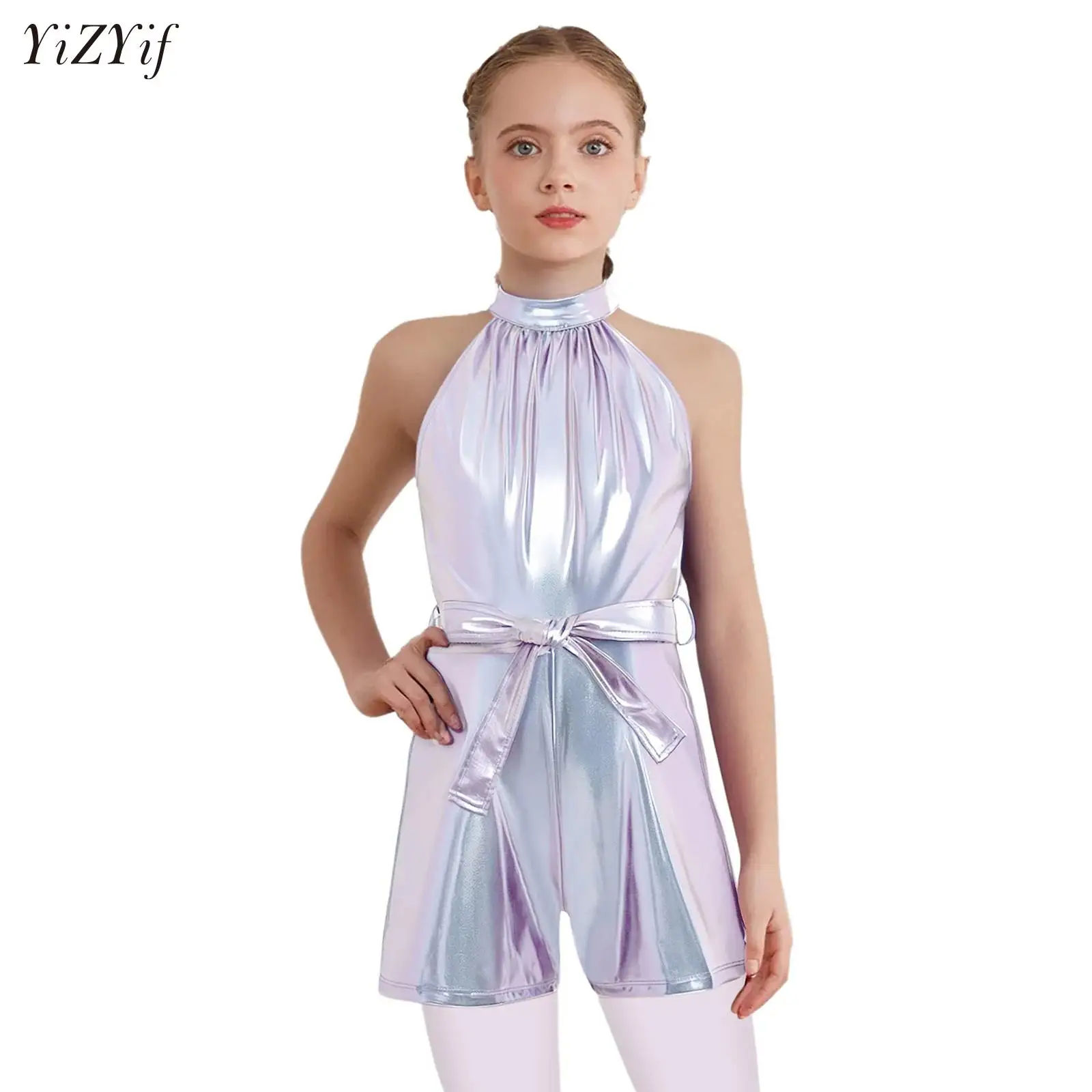 

Child Birthday Party Jazz Hip Hop Stage Performance Costume Girls Unitards Jumpsuit Halter Sleeveless Metallic Bodysuit Rompers