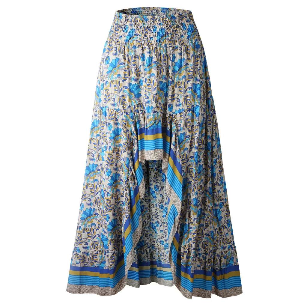 Summer High Waist Long Printed A-Line Skirt Floral Skirt Women Casual Beach Faldas Female Boho Elastic Waist Holiday Maxi Skirts