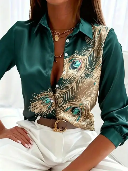 Women Lapel Collar Long Sleeve Button Shirt Peacock Feather Print Casual Loose Daily Blouse Tops
