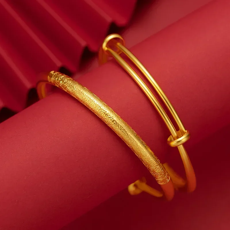 9999 Real Gold 24K Bracelet, Xiangyun Fulushou Gold Push-pull Bracelet, Push-pull Bracelet Retro Ethnic Style Woman