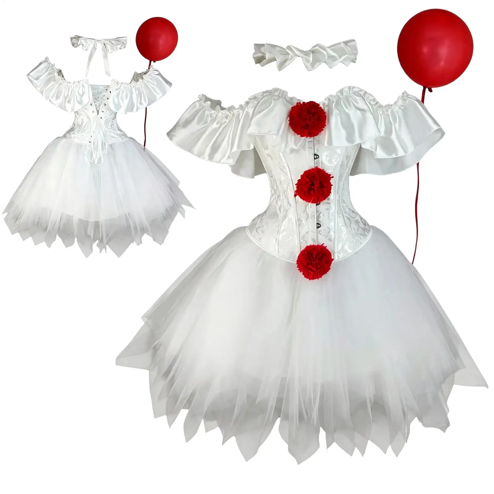 Halloween Clown Cosplay Costume Set Consisting Of Corset Ballet Skirt Scarf Gothic Clown-Inspired Tutu Dress Circus Costume