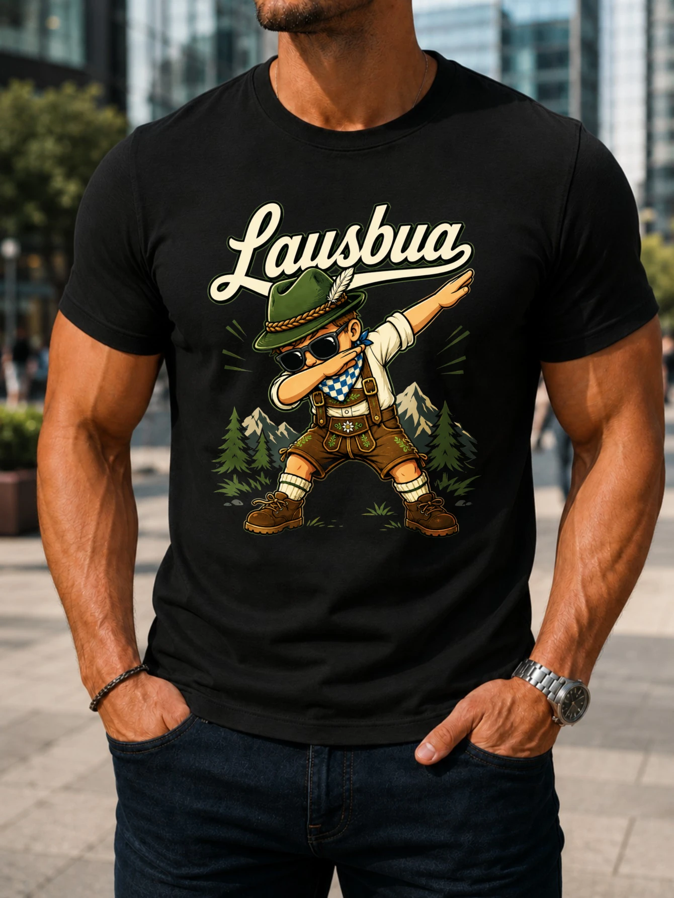 T-shirt unisexe Lausbua Bavarian Humor Cool Dabbing Boy dans un style graphique vectoriel alpin cool et épuré