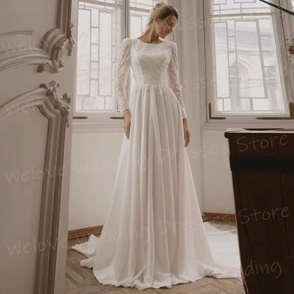 فساتين زفاف نسائية أنيقة على شكل حرف A مزينة بالدانتيل رداء De Mariée مخصص بأكمام طويلة ورقبة دائرية فساتين العروس Vestido De Novia