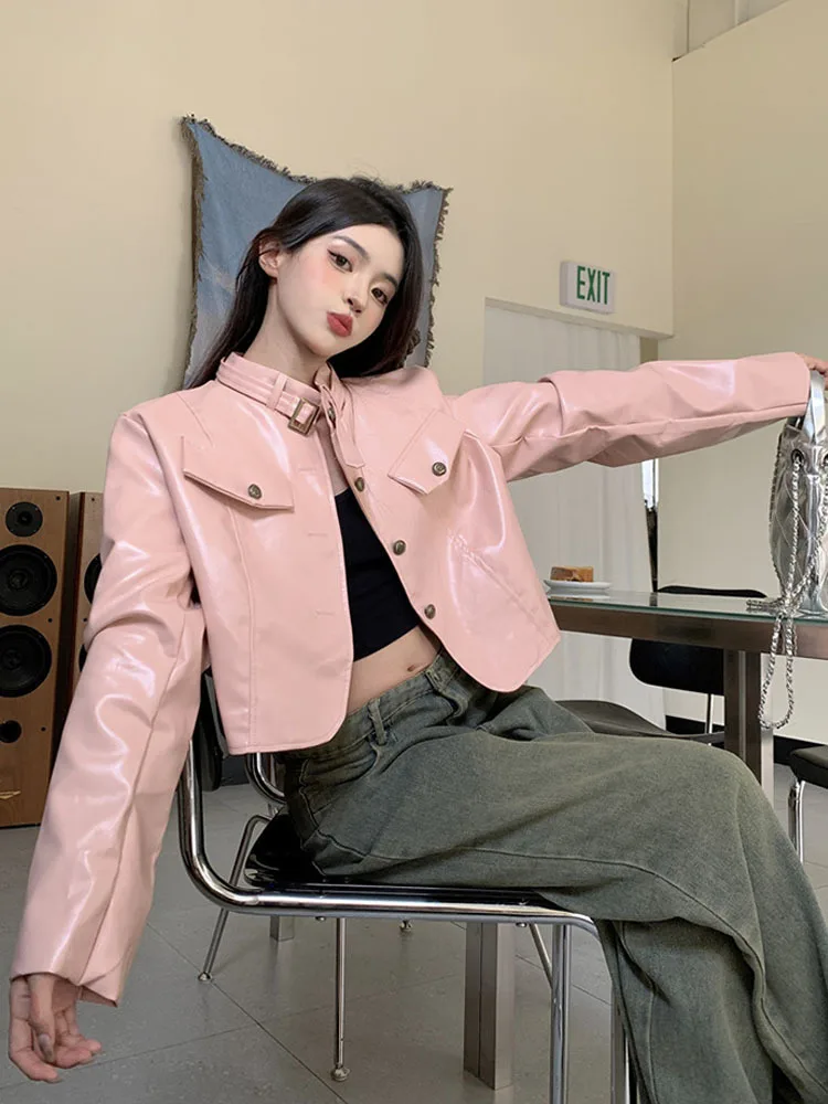 Spring 90s Vintage Long Sleeves Leather Cropped Jacket for Women Coat Solid Pink Windbreaker Korean Fashion Y2k Autumn Outer