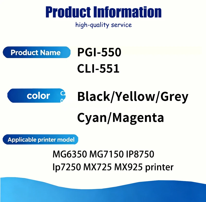 1/3 set PGI550 CLI551 PGI-550 CLI-551 550XL 551XL 550 Ink Cartridge Compatible For Canon MG6350 MG7150 IP8750 Ip7250 MX725 MX925