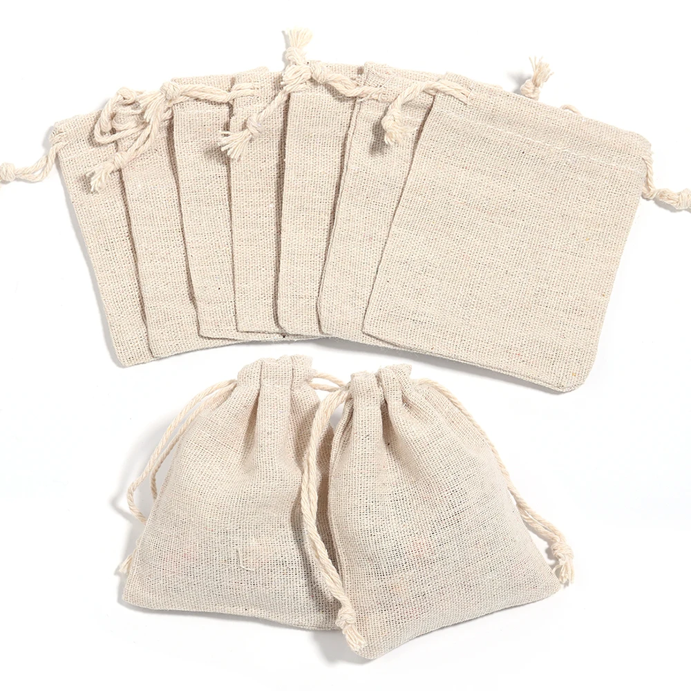 5/10Pcs Natural Burlap Cotton Linen Drawstring Bags Favor Wedding Christmas Party Gift Bags Jewelry Packaging Bags&Pouches