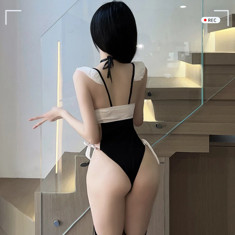 Cosplay Maid Uniform Women Anime Japanese Porno Bodysuit Ruffles Bow Hollow Out Bikini Lingerie Erotic Jumpsuit with Stocking