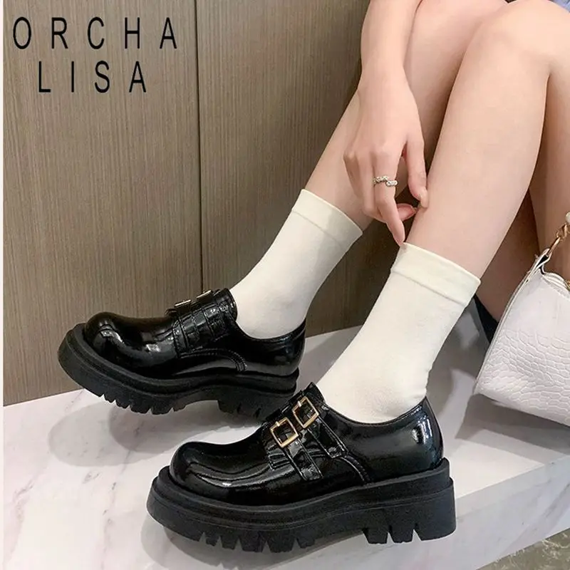 ORCHA LISA Female Pumps Round Toe Thick Heels 5cm Platform 3cm Slip On Double Buckle Straps Big Size 42 43 Women Casual Loafers