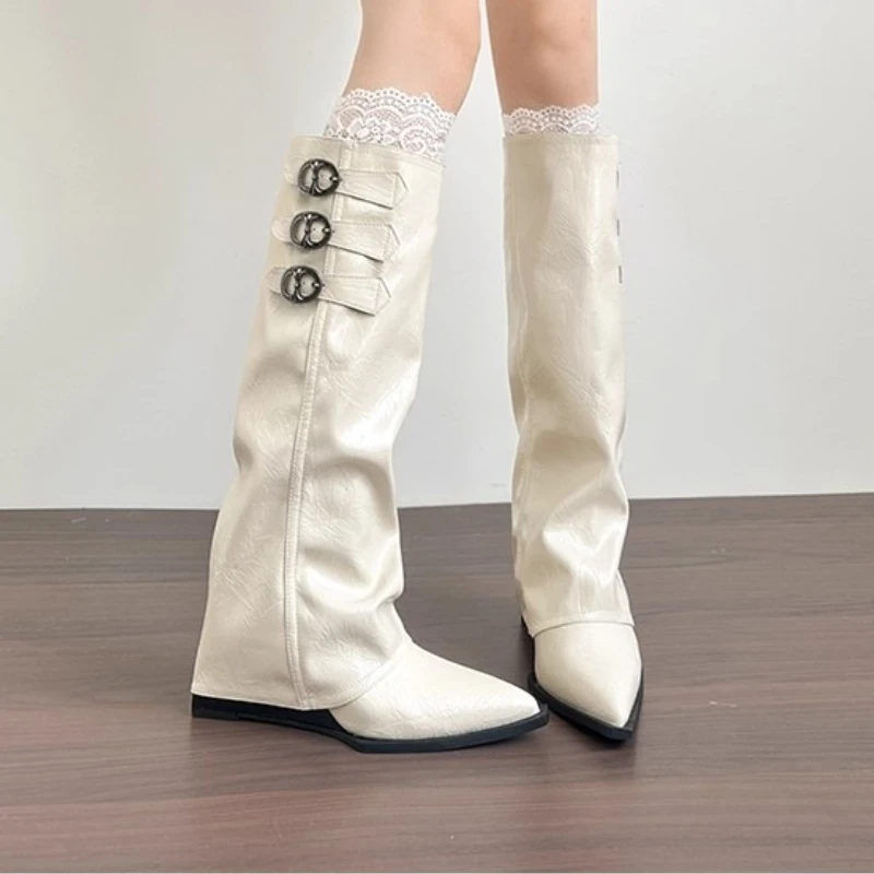 2025 Fashion Autumn Winter Low Heels Long Boot Splicing Buckle Strap Woman Knee-High Boots Square Style Female boot