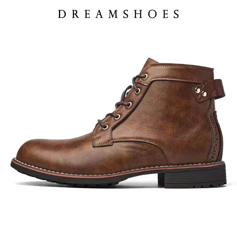 2025 Handmade Leather Men Boots Retro Round Toe Ankle Boots Autumn Winter Punk Street Style Motorcycle Boots Chunky Botines