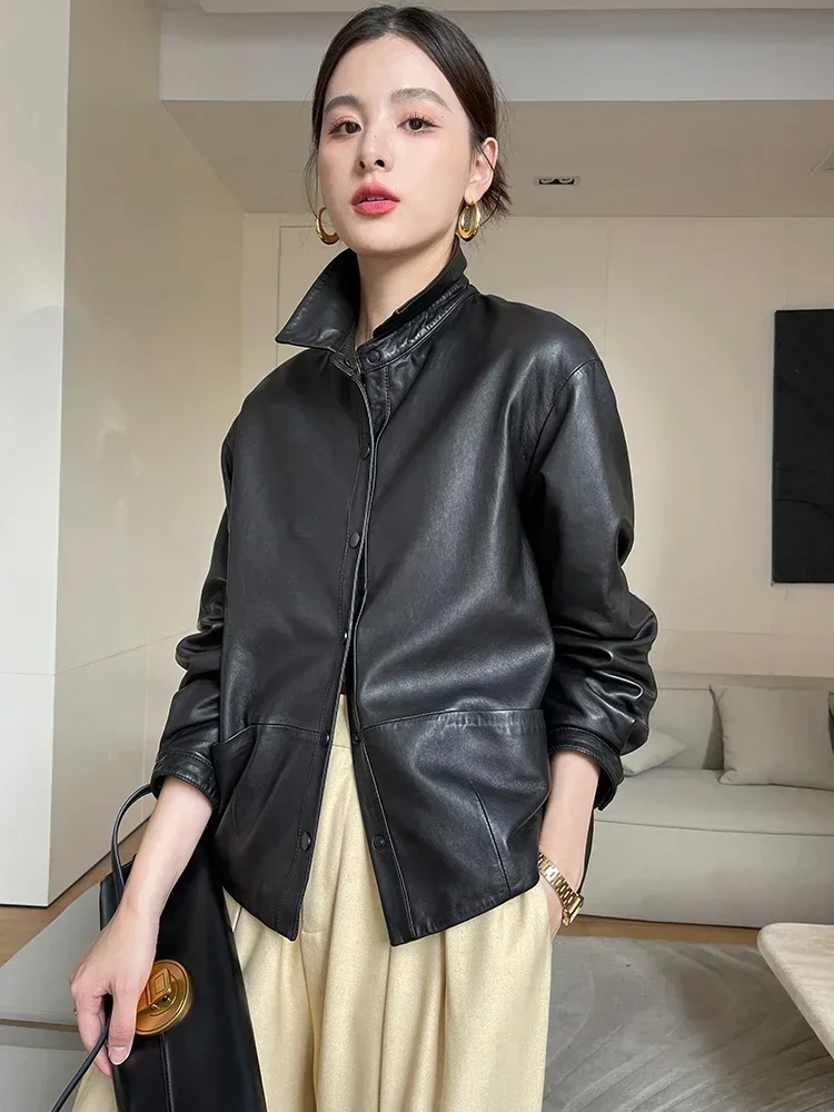

Casual Short Genuine Leather Shirt Jackets for Women Spring Autumn 2026 New High-end Simple Soft Black Real Sheepskin Coat
