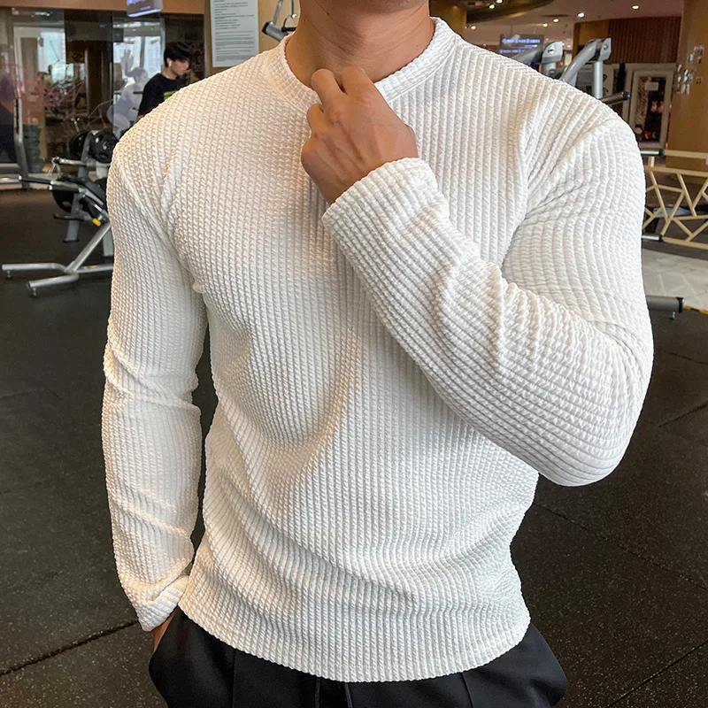 Knitted T-shirt Men's Casual Tshirt O Neck Pit Cloth Long Sleeved Shirt Tight Elastic Pullover Muscle Men's Base Shirt Fitness