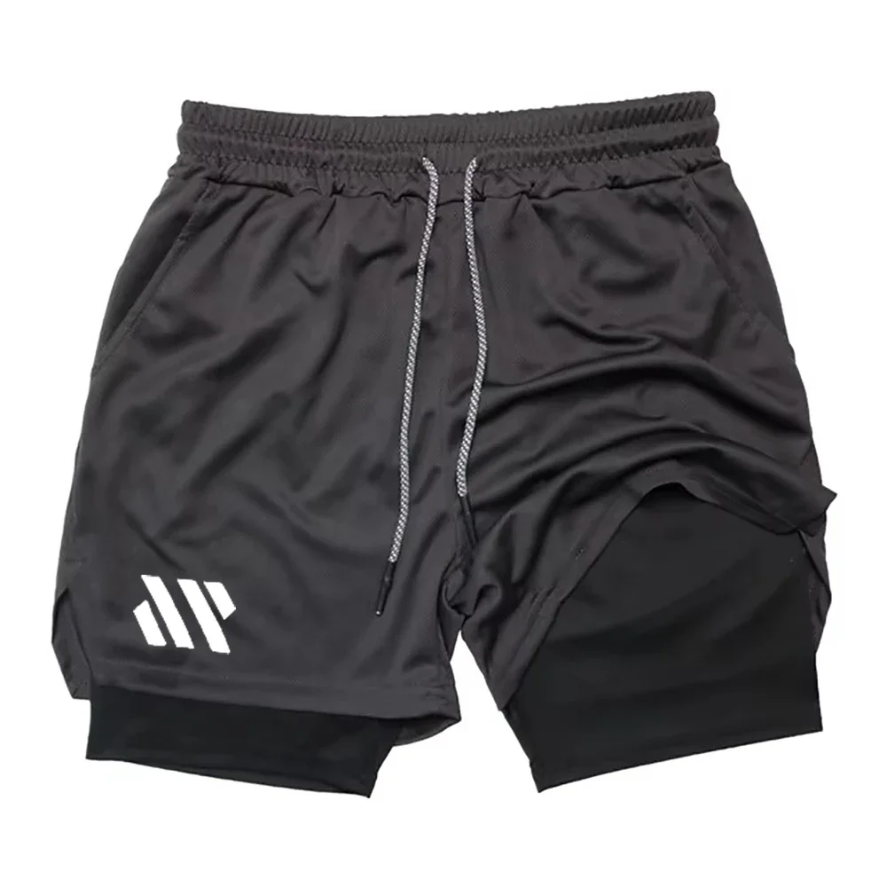 Men's running 2-in-1 sports shorts with quick drying, printed gym casual tight shorts with phone pocket, towel strap M-3XL