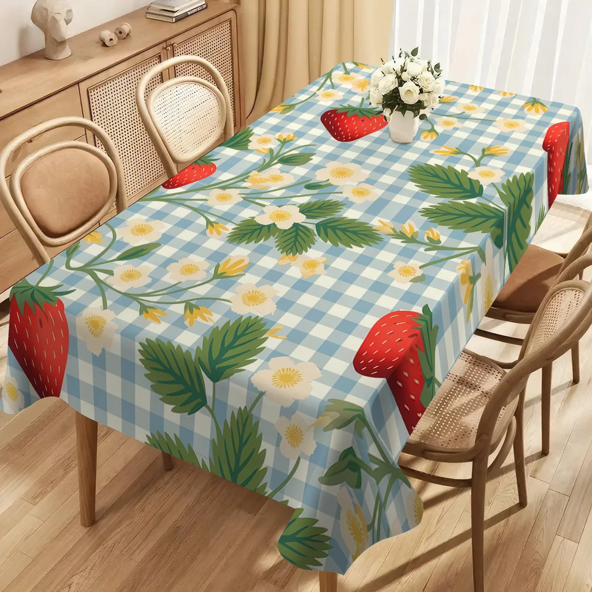 1pc Fresh Blue And White Checkered Strawberry Flower Print Foldable Easy Storage Table CoverSuitable For KitchenDining RoomFesti