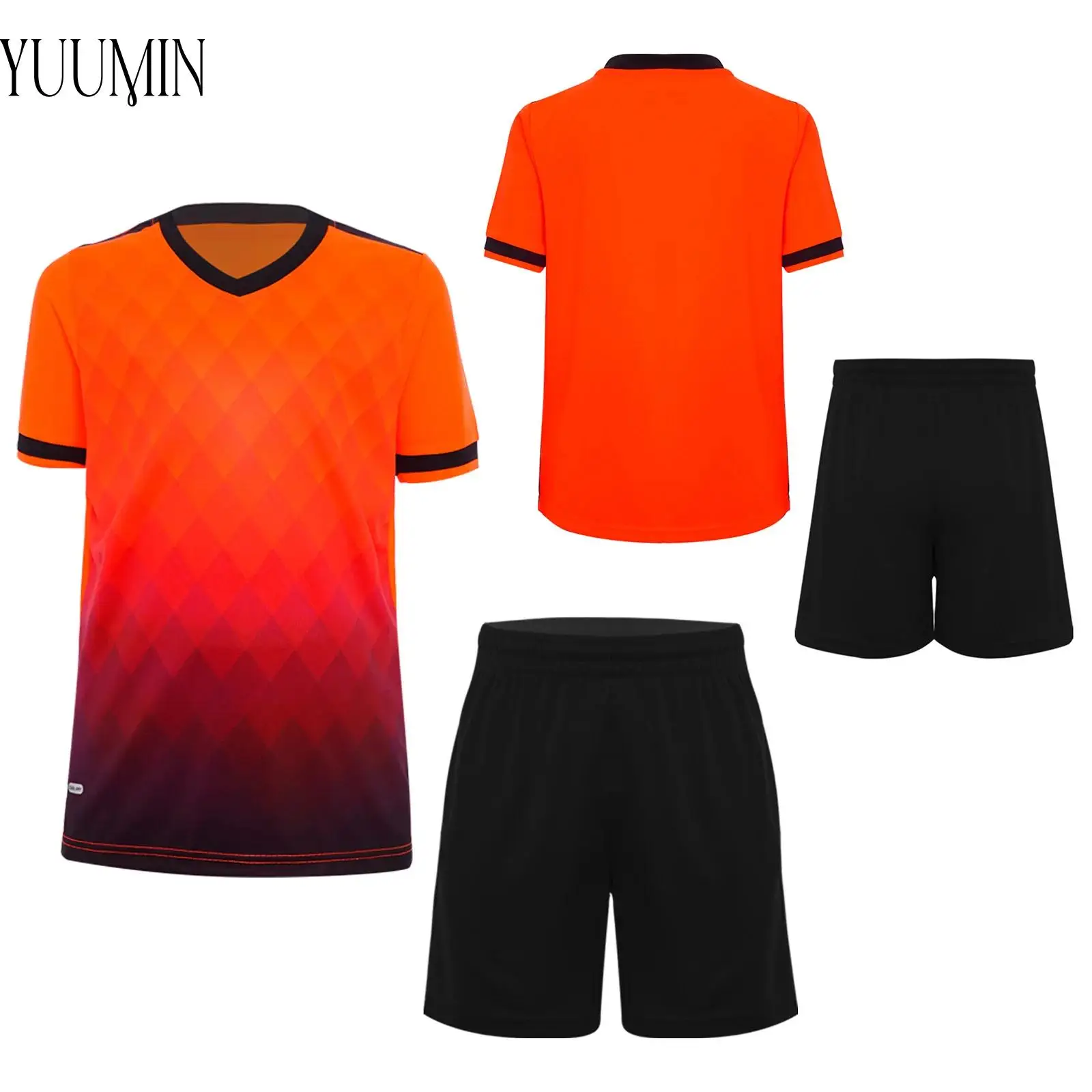 

Boys Football Jersey Tracksuit Training Uniform Sports Set Short Sleeve Contrast Color T-shirt with Drawstring Shorts Sportswear