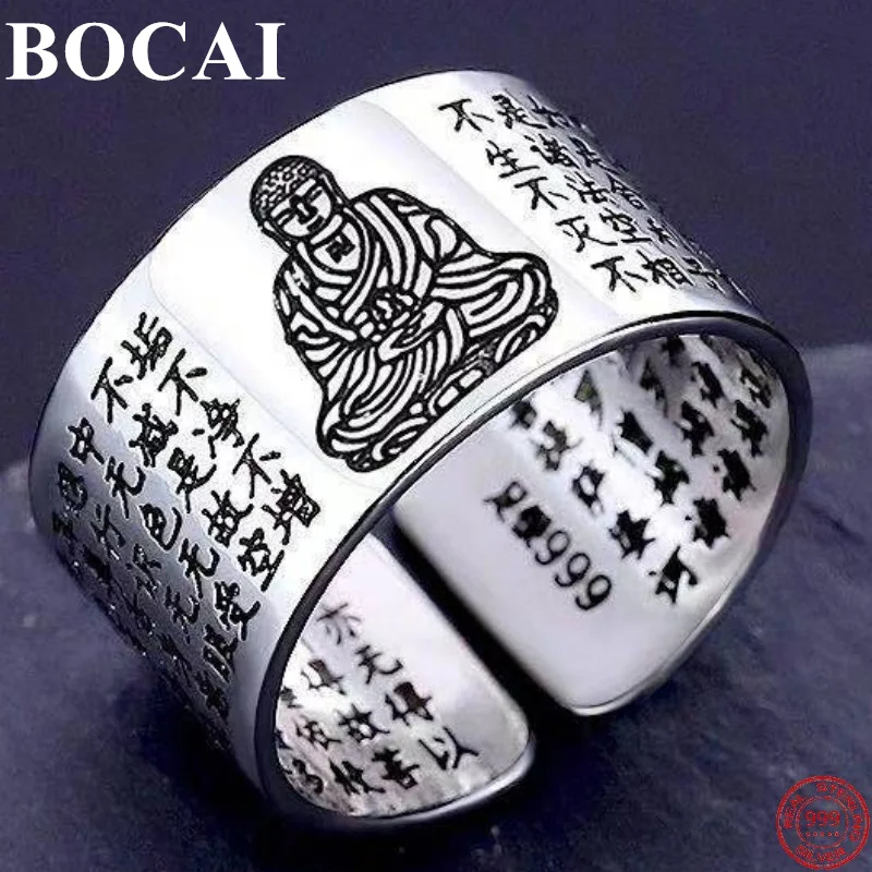 BOCAI S999 Sterling Silver Rings New Fashion Life Guardian Buddha Heart Sutra Argentum Amulet Jewelry for Men Women