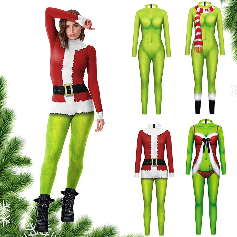 

Adult Xmas Cosplay Costume Green Woolen Velvet Pattern Christmas Bodysuit Holiday Party Outfit Skinny Jumpsuit Stage Performing