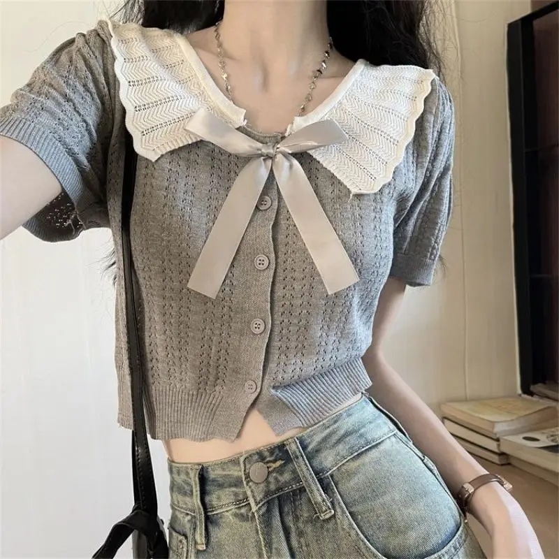 Women Summer Simplicity Slim Sweet Bow Hollow Out Peter Pan Collar Short Sleeve Knitting Shirts Ladies Casual All-match Tops