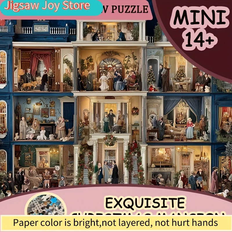 A Box Containing 1000 Paper Puzzles for Adults Titled 'Exquisite Christmas Mansion', Suitable for Party Games And Activities A