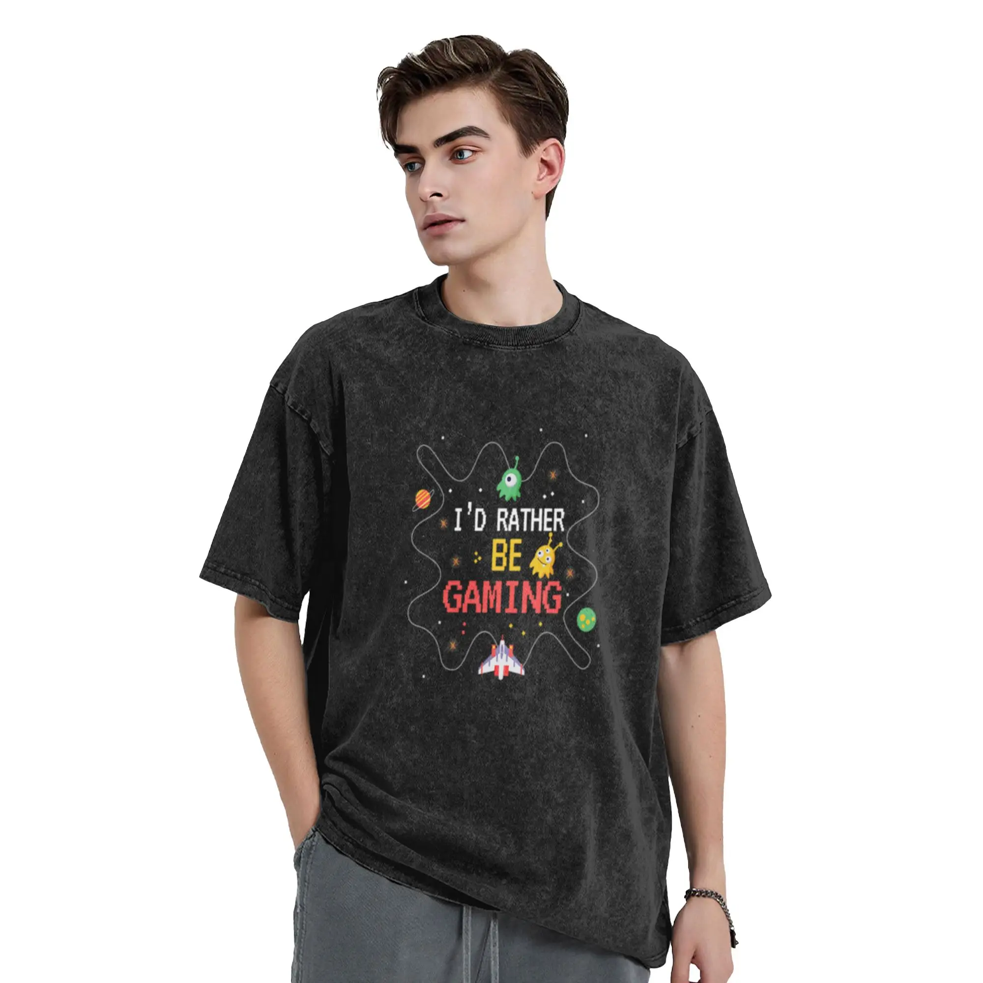 I d Rather be Gaming Classic Trendy A Washed T Shirt Men's Women's Oversized Cotton Tees Tops
