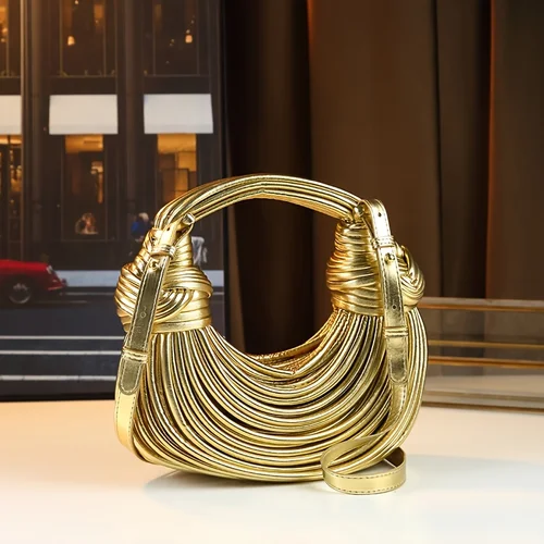 Imagen 2 del producto Bolsos de mano para mujer 2025, oro nuevo, marca de diseñador de lujo, bolsos de fideos tejidos a mano, cuerda anudada, Hobo, bolso de mano de noche plateado elegante
