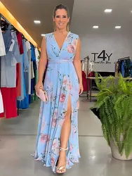 SKMY Elegant Chiffon Sleeveless Summer New Fashion Printed Floral Dress Clothes For Women V-Neck Split Eening Party Long Dresses