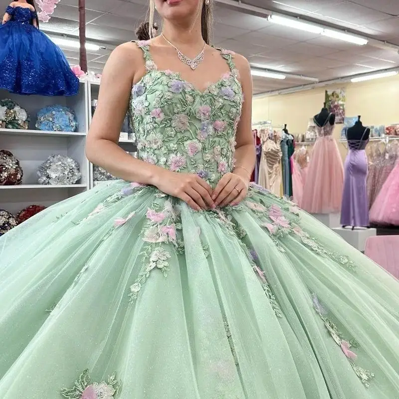 

Sage Green Shiny Ball Gown Quinceanera Dress 2025 Appliques Flowers Lace Off Shoulder Sweet 15 16 Years Vestidos De 15 XV Anos